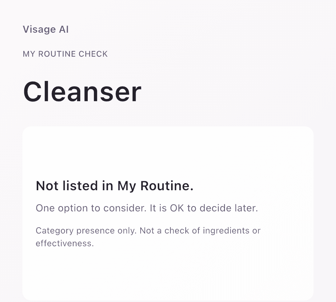 Captured Routine Check share card: Cleanser not listed in My Routine; category presence only
