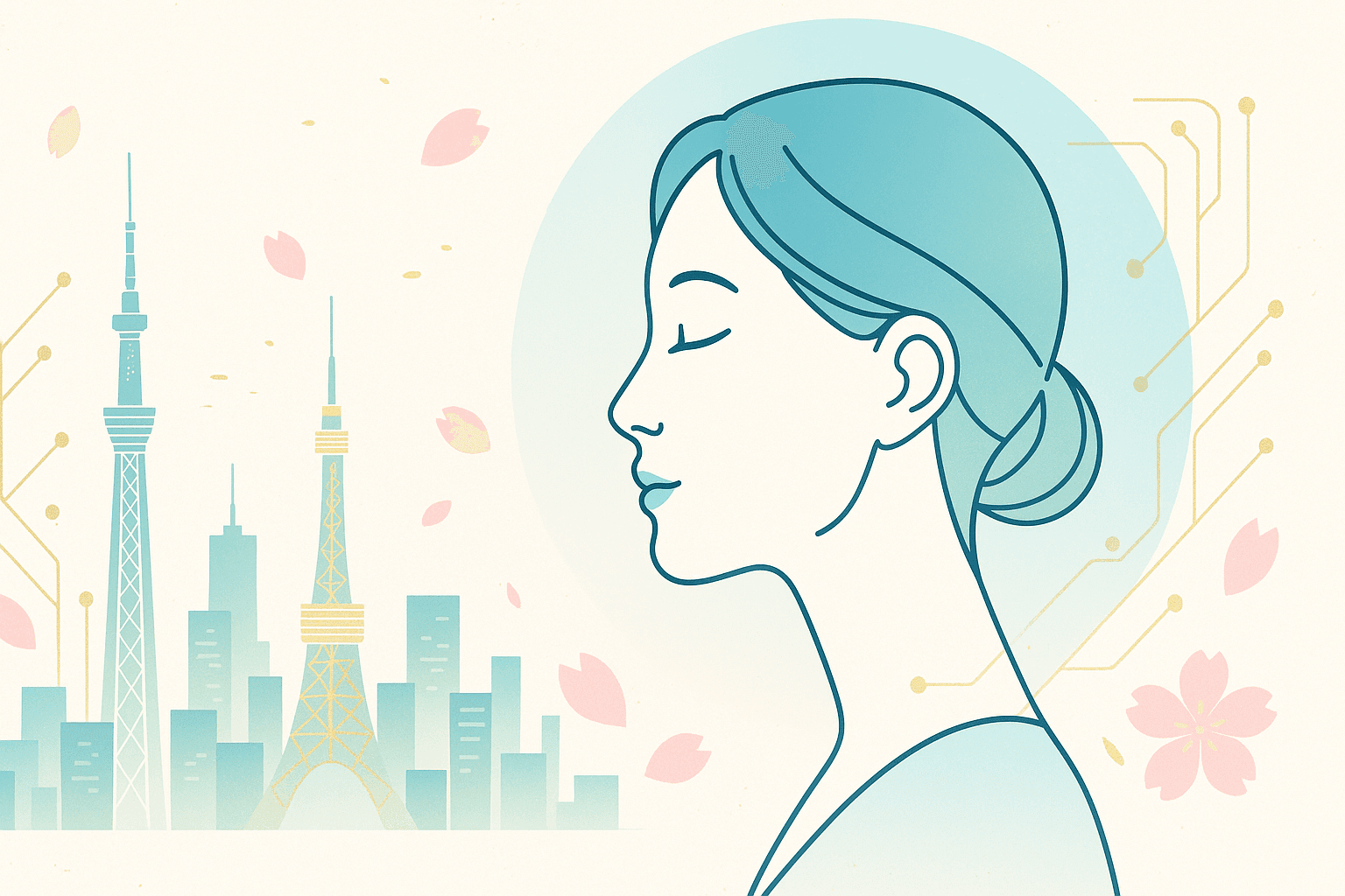 Tokyo skyline with elegant East Asian woman illustration and subtle circuitry motif