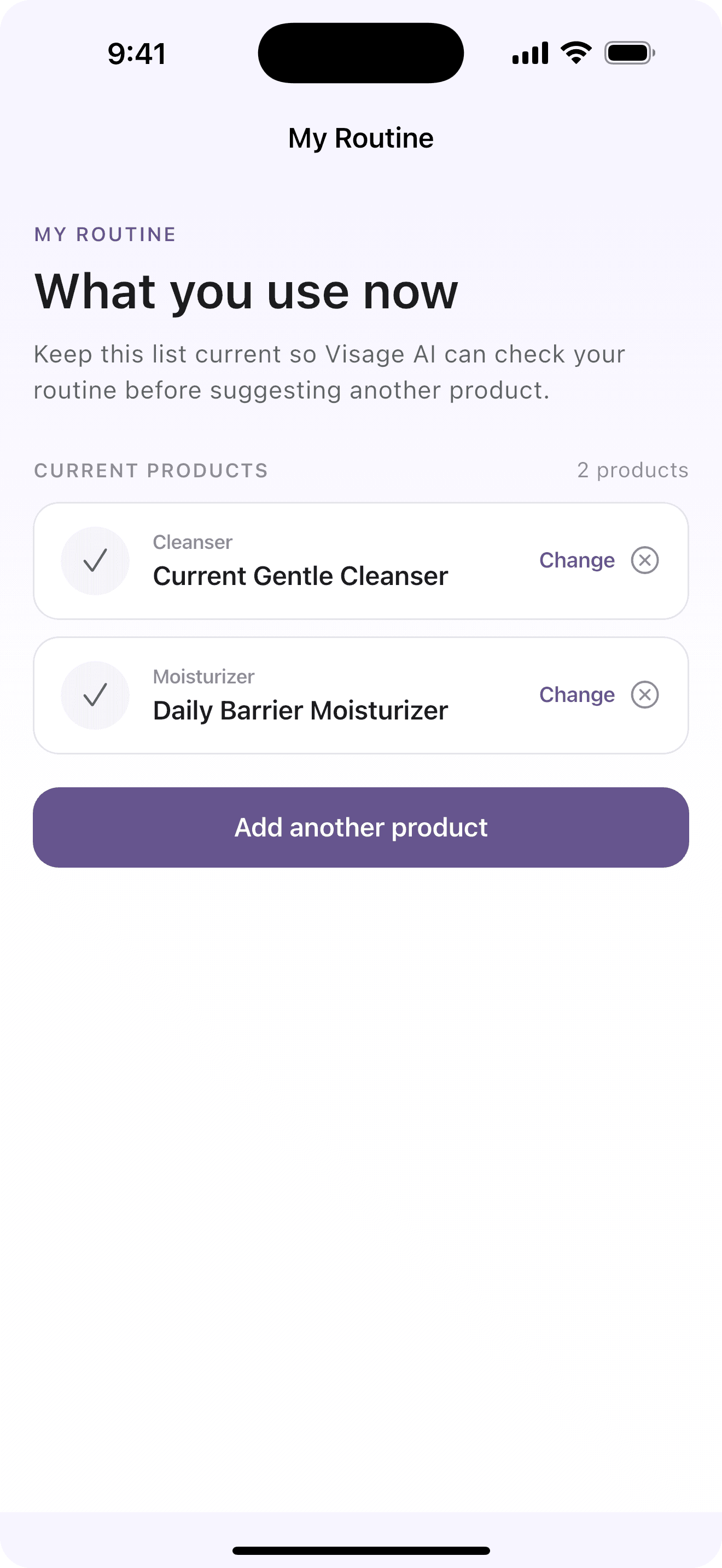 Visage AI My Routine screen listing current products