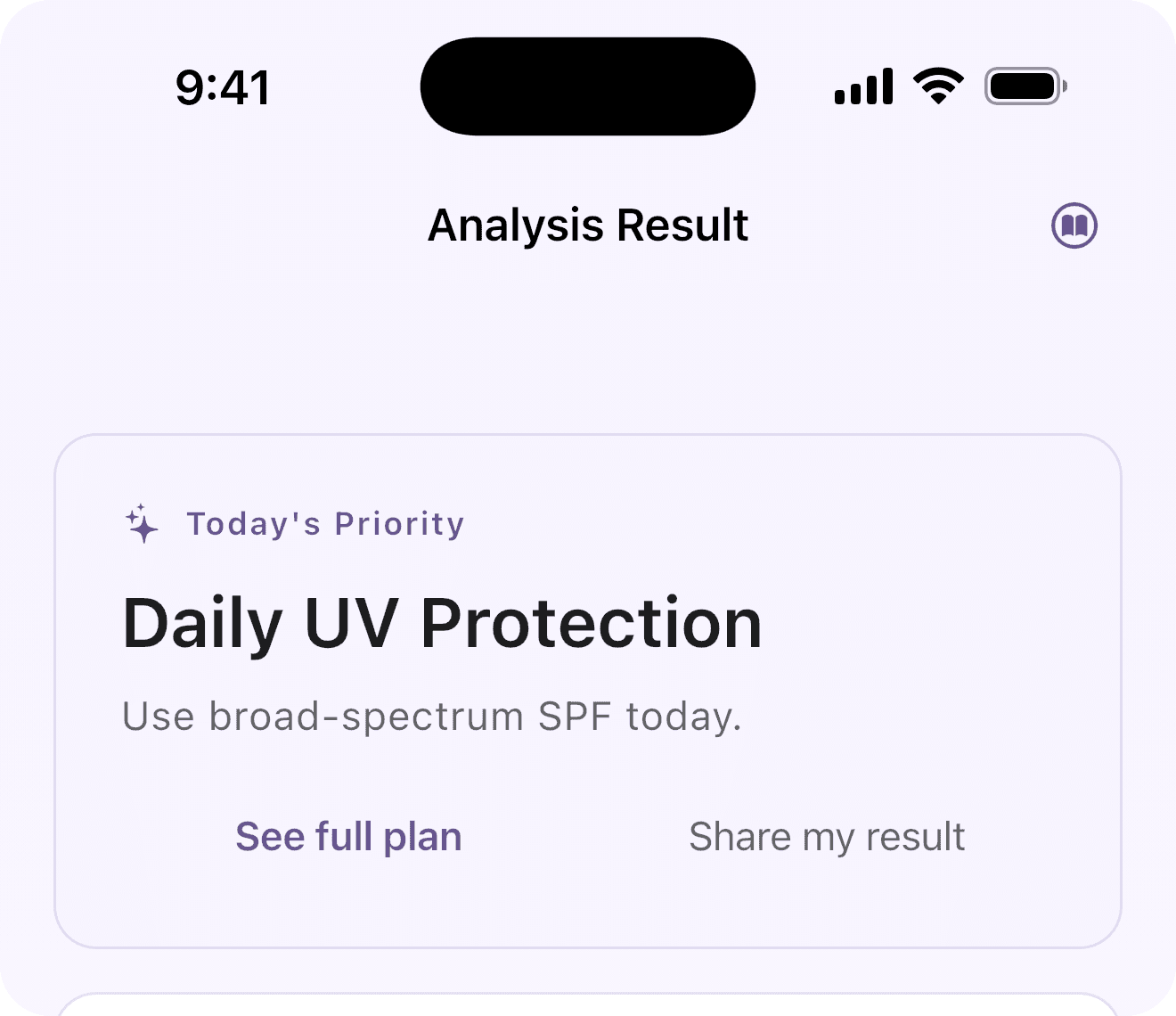 Visage AI Analysis Result showing today's one clear priority: Daily UV Protection