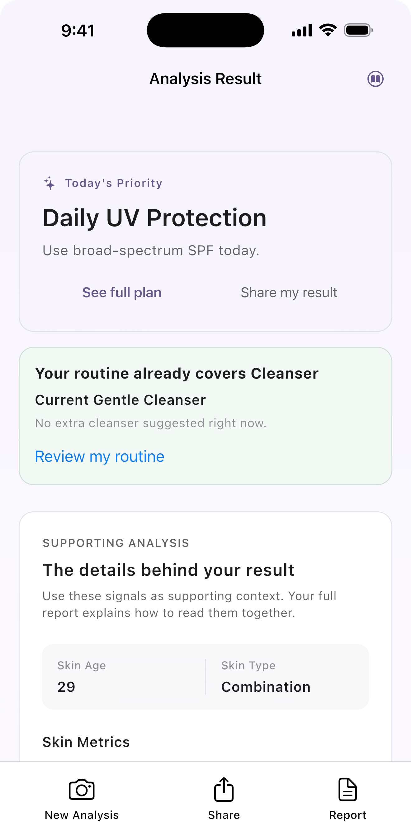 Visage AI showing that the current routine already covers the relevant category