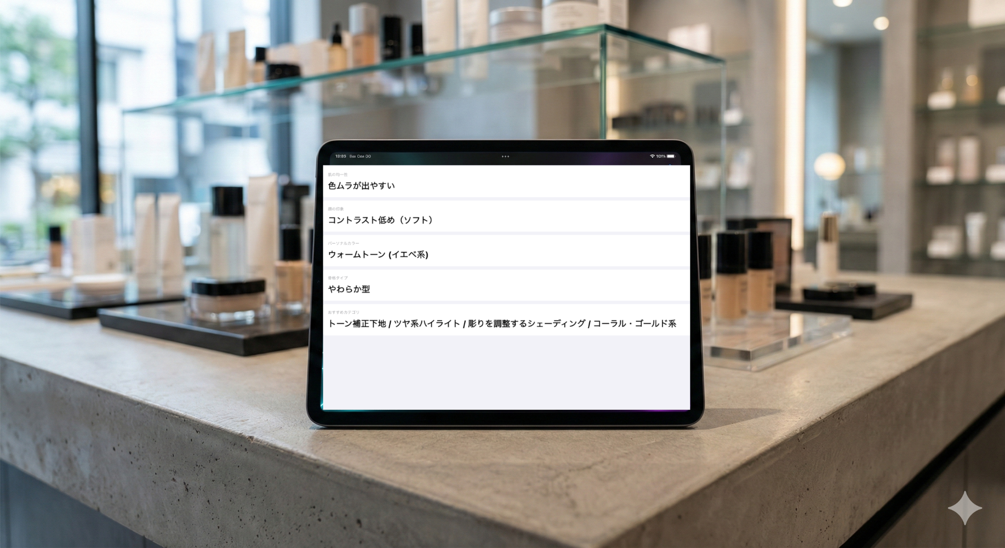 実際の画面表示。店舗接客に最適化された、極大日本語表示。